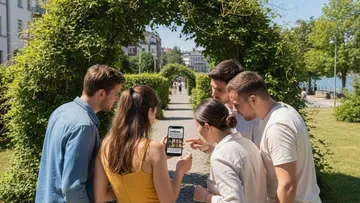 People viewing phone outdoors in garden.
