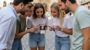 Gruppe von Menschen schaut auf ein Smartphone im Freien.