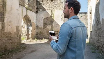 Mann nutzt Smartphone in antiken Ruinen.