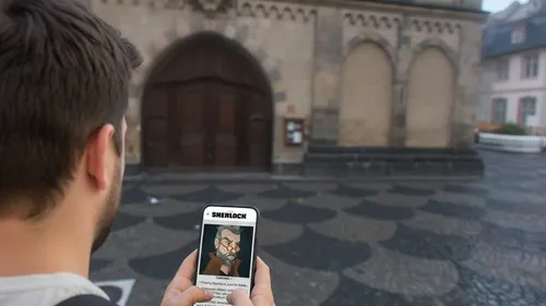 Person playing detective game on phone outside.