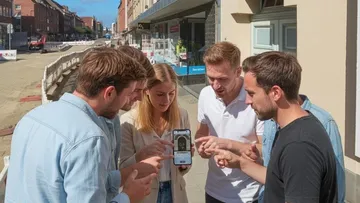 Group pointing at phone screen outside city buildings.
