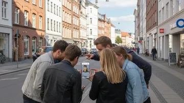 Group looking at a smartphone on city street.