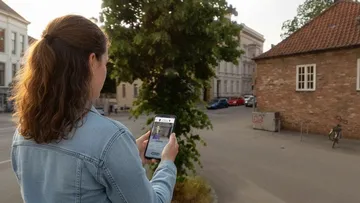 Woman using smartphone on a city street.