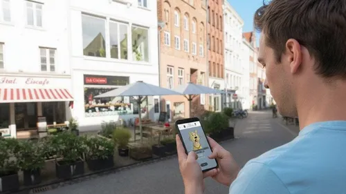 Person holding phone with giraffe image on street.