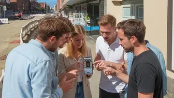 Gruppe zeigt auf Handy im Freien Straße.