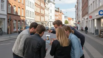 Gruppe betrachtet Handy auf Stadtstraße.