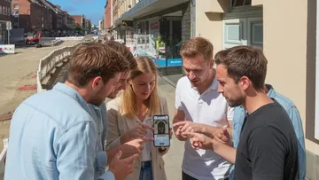 Group looking at smartphone on street.