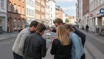 Group examining phone in city street.