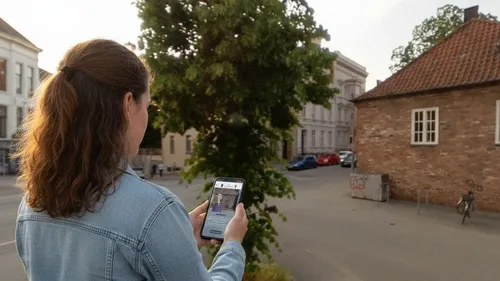 Frau benutzt Smartphone in städtischer Umgebung.