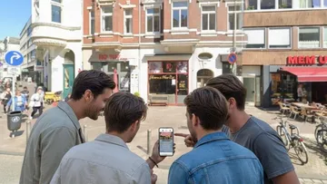 Group reading phone screen on city street.