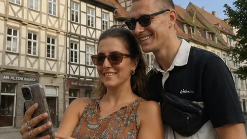 Zwei Menschen beim Selfie, historische Gebäude im Hintergrund.