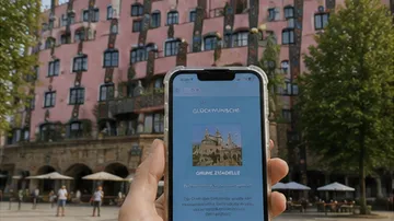 Handy zeigt Text, einzigartiges rosa Gebäude hinten.