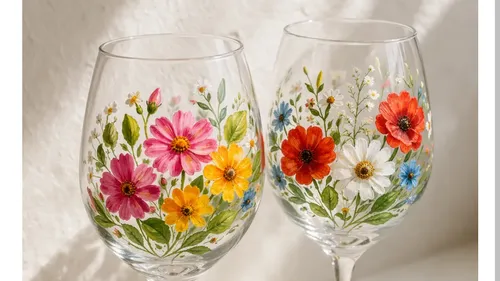 Zwei Gläser mit bunten Blumen bemalt im Sonnenlicht.