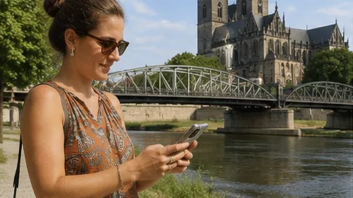 Frau schreibt am Fluss mit Brückensicht.