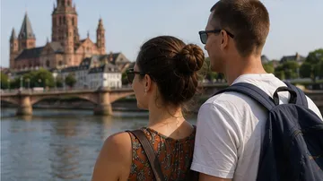 Paar beobachtet Flussufer mit historischer Kirche.