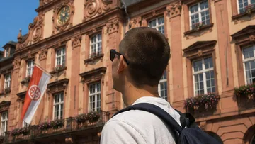 Person bewundert historische Gebäude-Fassade.