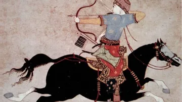 Archer on horseback shooting arrow, ancient artwork.