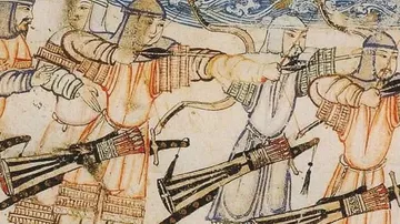 Medieval archers aiming in battle scene.