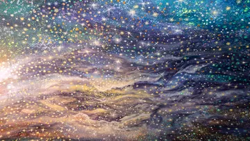 Bunte Galaxie mit wirbelnden Sternen und Nebeln.