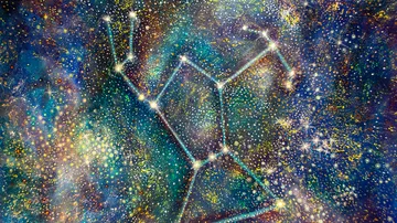 Constellation pattern in starry galaxy scene.