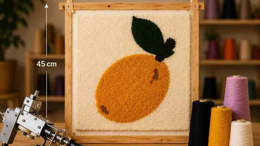 Tufted lemon art on wooden frame, colorful spools.