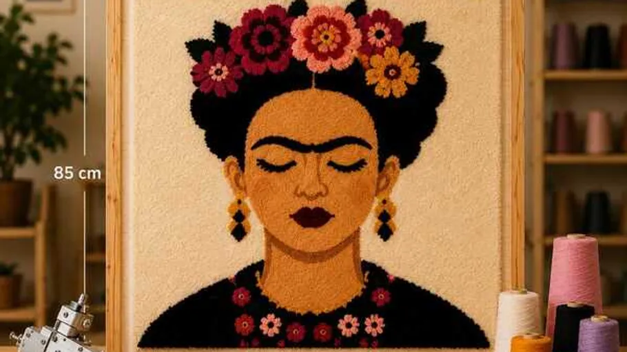 Colorful embroidered portrait on a wooden frame.