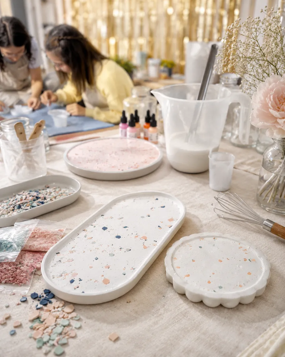 Zwei Personen fertigen bunte Terrazzo-Platten.