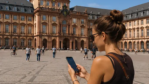Woman checking phone in historic courtyard.