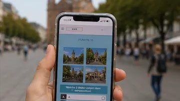 Hand holds smartphone with quiz in city.