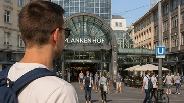Person beobachtet belebten Eingang des Plankenhofs.