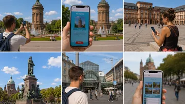 Person fotografiert Mannheimer Sehenswürdigkeiten mit Handy.