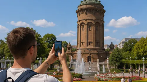 Person fotografiert Turm in Parkumgebung.