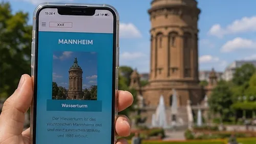Smartphone displaying Mannheim water tower, outdoor setting.