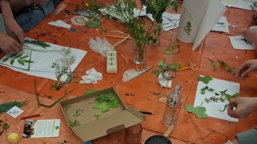 Personen arrangieren gepresste Blätter auf Papier.