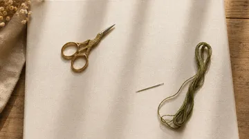 Scissors, needle, thread on canvas fabric.