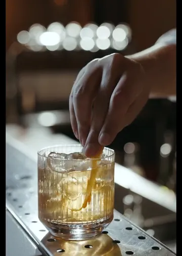 Hand garnieren ein Getränk mit Orangenschale an der Bar.
