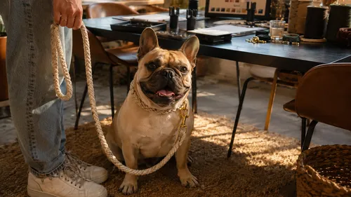 French Bulldog sitting, held by person, home office.