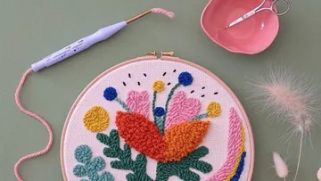 Embroidery hoop with colorful floral design.