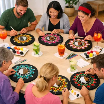 Group painting colorful mandala mirrors.