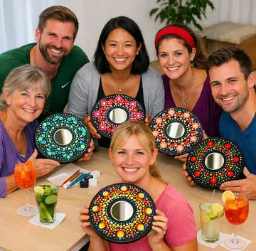 Gruppe hält verzierte Spiegel am Tisch.
