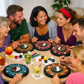 Group painting colorful mandalas on tabletop.