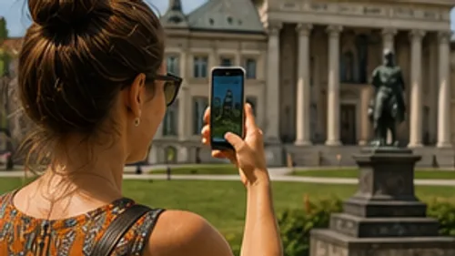 Woman photographing statue with smartphone outside.