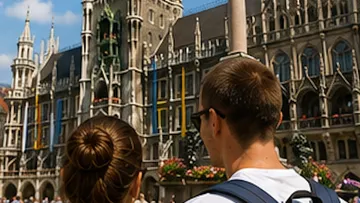 Touristen bewundern historisches Gebäude am Stadtplatz.