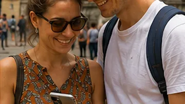 Paar lächelt auf Handy im Freien.