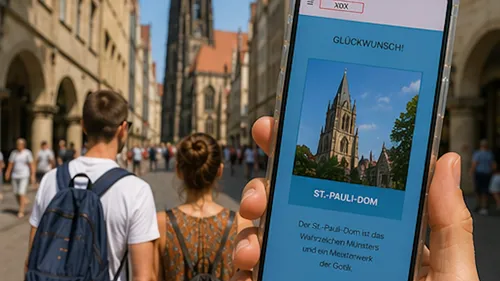 People walk, phone shows St. Paul's Cathedral.