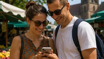 Paar lächelt auf Smartphone, Außenmarkt.
