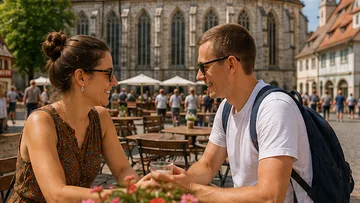 Couple sitting outdoors talking in a square.