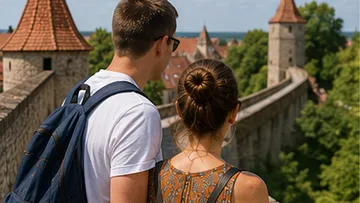 Couple observing medieval town from wall.