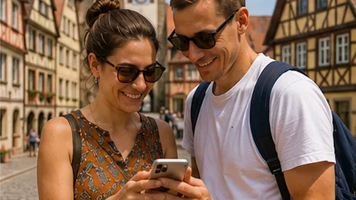 Two people smiling at phone, urban street background.