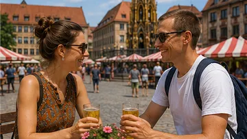 Paar trinkt Bier im Straßencafé